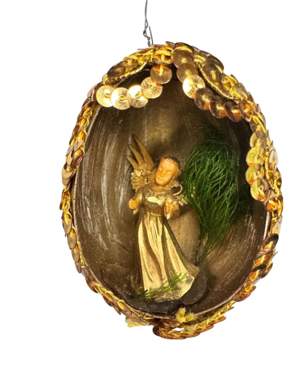 Vintage Eggshell Diorama Angel Ornament Gold Sequin Trim 2" - Picture 4 of 6